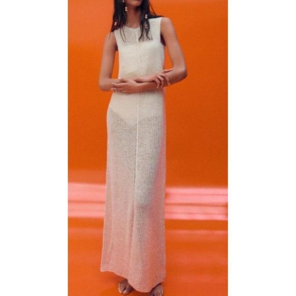 Zara Dresses New Zara Nude Lurex Knit Crochet Sleeveless Maxi Dress